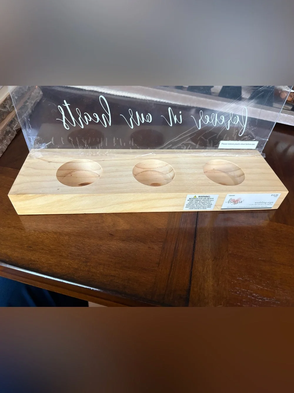 Acrylic Memorial Sign with Wood Base - Clear with White Lettering